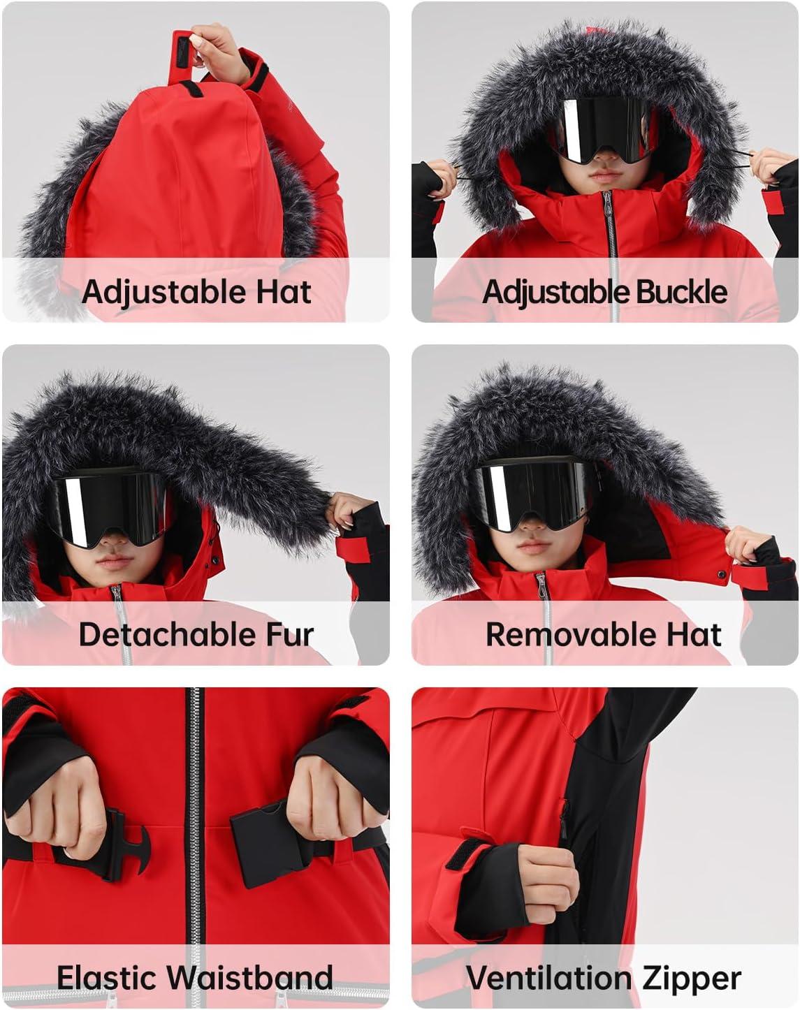 imageWomen Ski Suit One Piece Snow Jumpsuit Snow Stretchy Outfit Snowboard Onesie Insulated Waterproof Winter WarmRed and Black