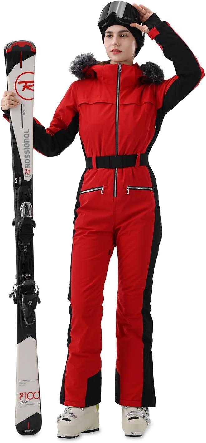 imageWomen Ski Suit One Piece Snow Jumpsuit Snow Stretchy Outfit Snowboard Onesie Insulated Waterproof Winter WarmRed and Black