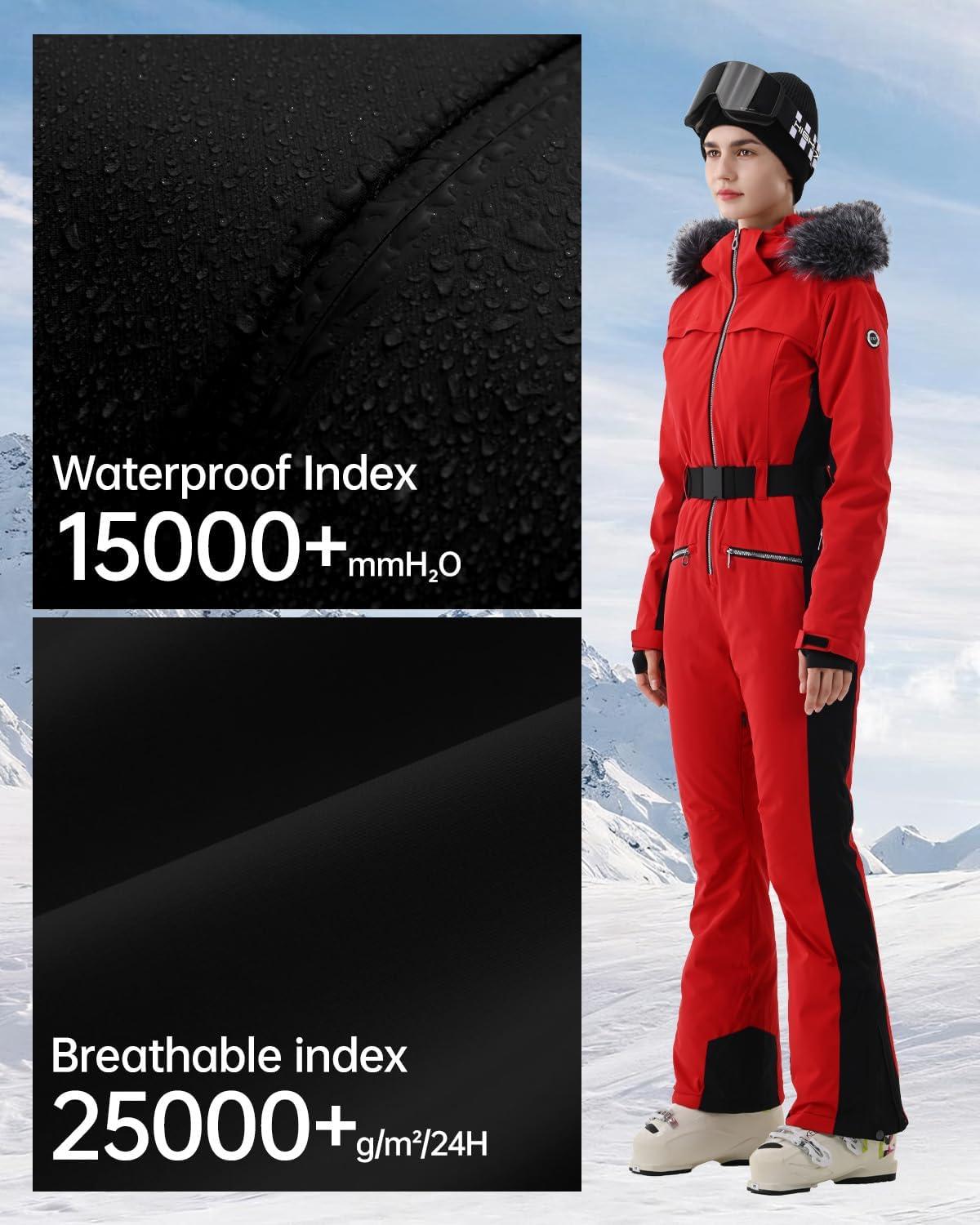 imageWomen Ski Suit One Piece Snow Jumpsuit Snow Stretchy Outfit Snowboard Onesie Insulated Waterproof Winter WarmRed and Black