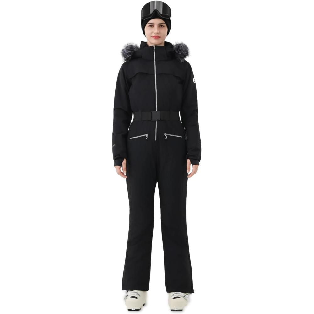 imageWomen Ski Suit One Piece Snow Jumpsuit Snow Stretchy Outfit Snowboard Onesie Insulated Waterproof Winter WarmAll Black