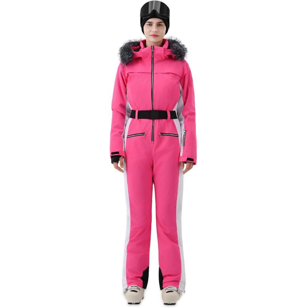 imageWomen Ski Suit One Piece Snow Jumpsuit Snow Stretchy Outfit Snowboard Onesie Insulated Waterproof Winter WarmPink White