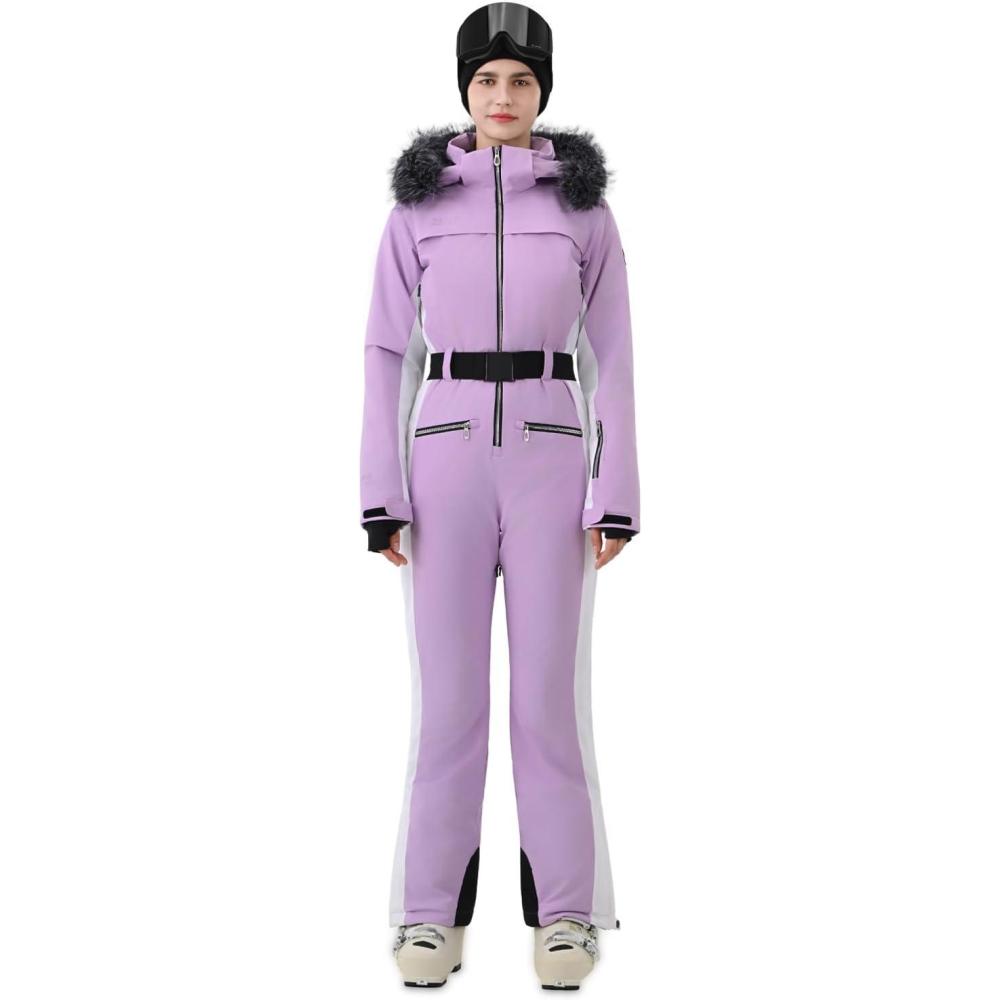 imageWomen Ski Suit One Piece Snow Jumpsuit Snow Stretchy Outfit Snowboard Onesie Insulated Waterproof Winter WarmPurple White