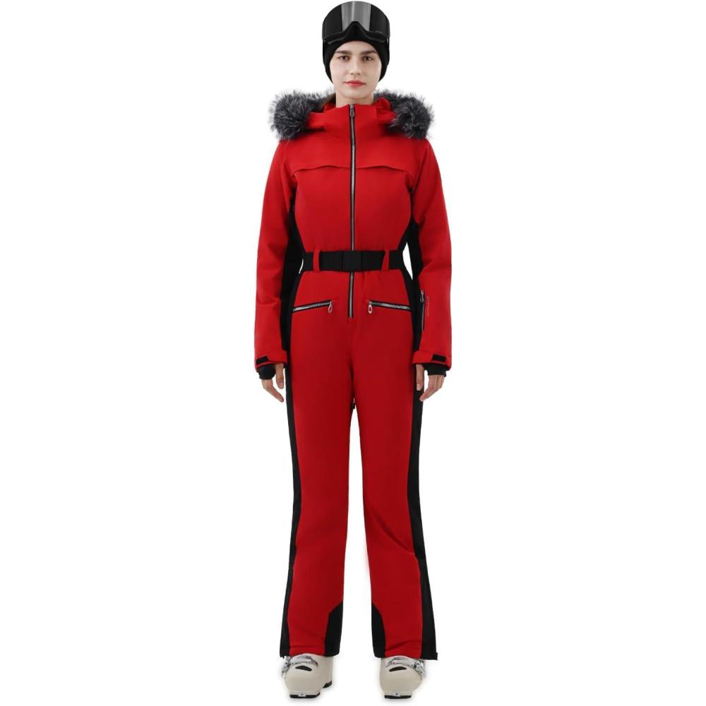 imageWomen Ski Suit One Piece Snow Jumpsuit Snow Stretchy Outfit Snowboard Onesie Insulated Waterproof Winter WarmRed and Black