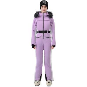 Women Ski Suit One Piece Snow Jumpsuit Snow Stretchy Outfit Snowboard Onesie Insulated Waterproof Winter Warm(Purple White)