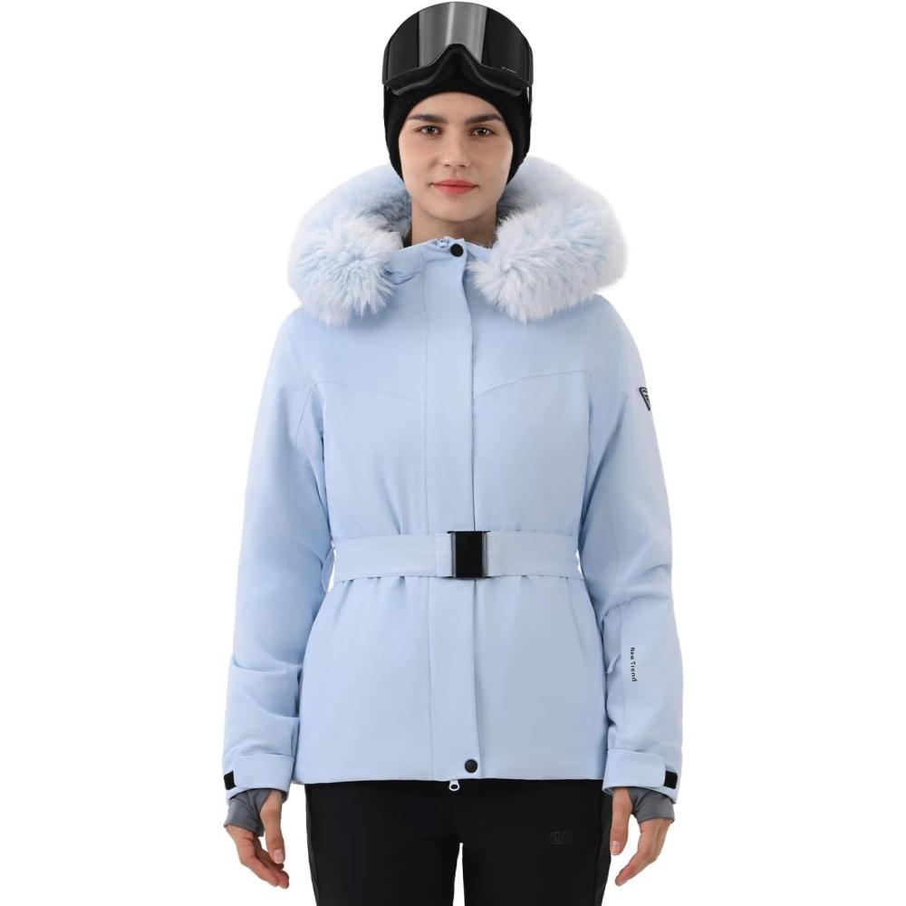 image:imageHIGH EXPERIENCE Women Ski Jacket Snowboard Fitted Slim Belted Snow Coat Warm Winter Waterproof Windproof Insulated HoodedLight Blue