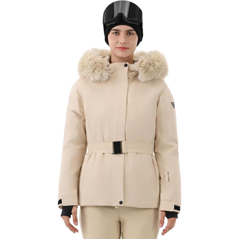 image:imageHIGH EXPERIENCE Women Ski Jacket Snowboard Fitted Slim Belted Snow Coat Warm Winter Waterproof Windproof Insulated HoodedLight Khaki