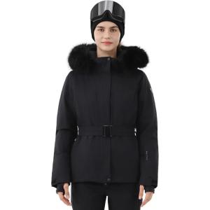 HIGH EXPERIENCE Women Ski Jacket Snowboard Fitted Slim Belted Snow Coat Warm Winter Waterproof Windproof Insulated Hooded(Black)