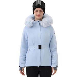 HIGH EXPERIENCE Women Ski Jacket Snowboard Fitted Slim Belted Snow Coat Warm Winter Waterproof Windproof Insulated Hooded(Light Blue)