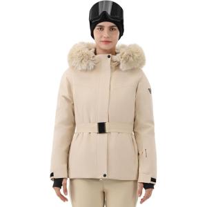 HIGH EXPERIENCE Women Ski Jacket Snowboard Fitted Slim Belted Snow Coat Warm Winter Waterproof Windproof Insulated Hooded(Light Khaki)