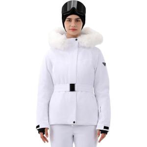 HIGH EXPERIENCE Women Ski Jacket Snowboard Fitted Slim Belted Snow Coat Warm Winter Waterproof Windproof Insulated Hooded(White)